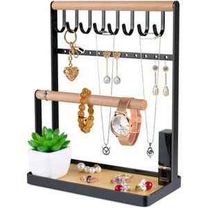 Jewelry Stand Holder, 4-Tier Necklace Hanging Wooden Ring Organizer Earring Tray